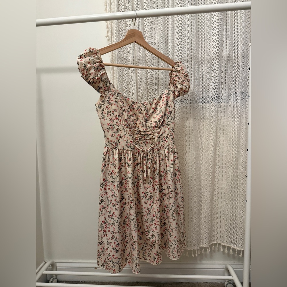 Beige Ditsy Floral Corset Detail Tea Dress